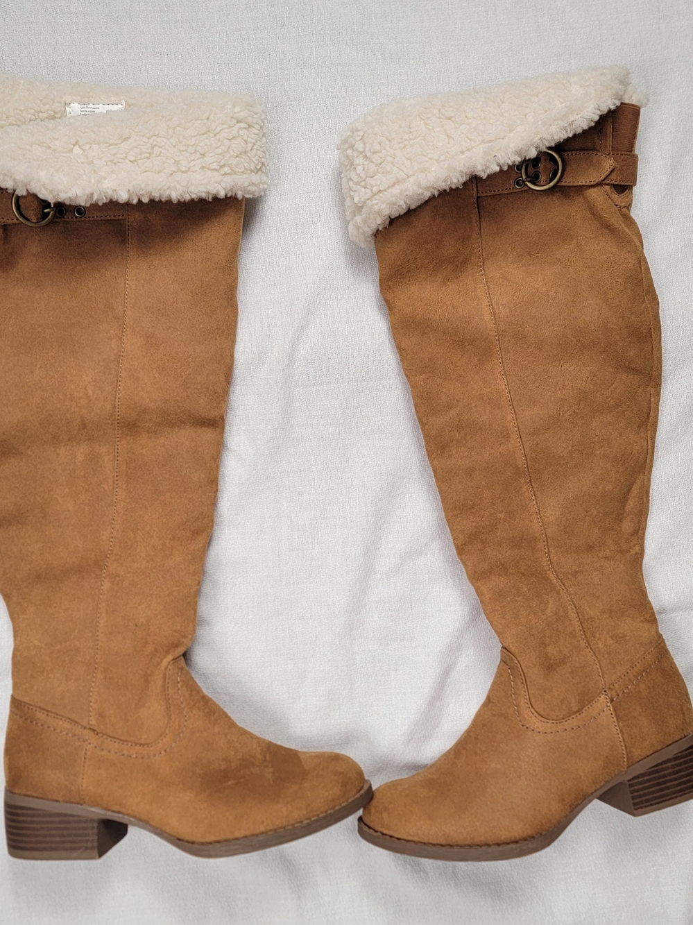 Suede Knee-High Winter Fall Boots Faux Shearling Cuff Cottage Core - Tan Size 6W